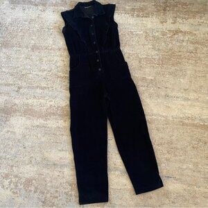 Nooworks Julia Corduroy Jumpsuit Ruffle Solid Black Straight Leg Button Down: S